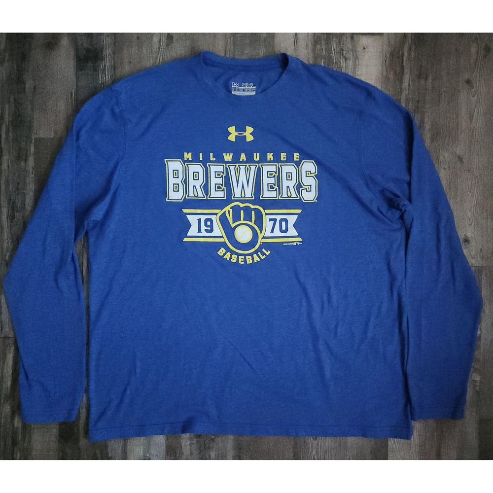 Under Armour T-Shirt Mens 2XL Blue Milwaukee Brewers Baseball Long Sleeve Loose